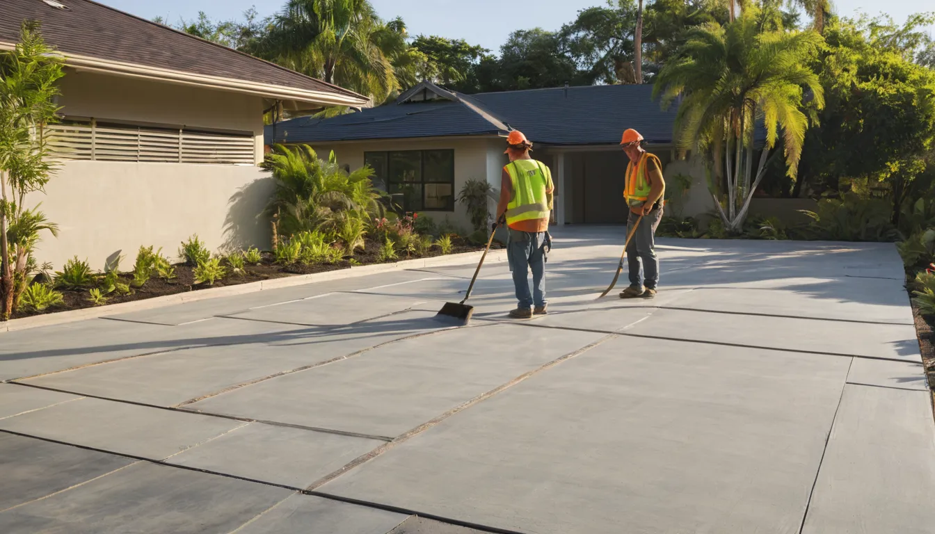 Fresh broom-finished concrete driveway beside a single-story home in St. Petersburg
