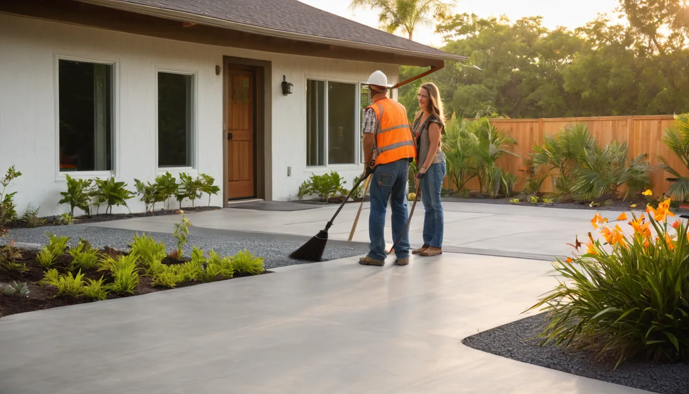 A new gray concrete patio with outdoor furniture behind a block home in the St. Petersburg area