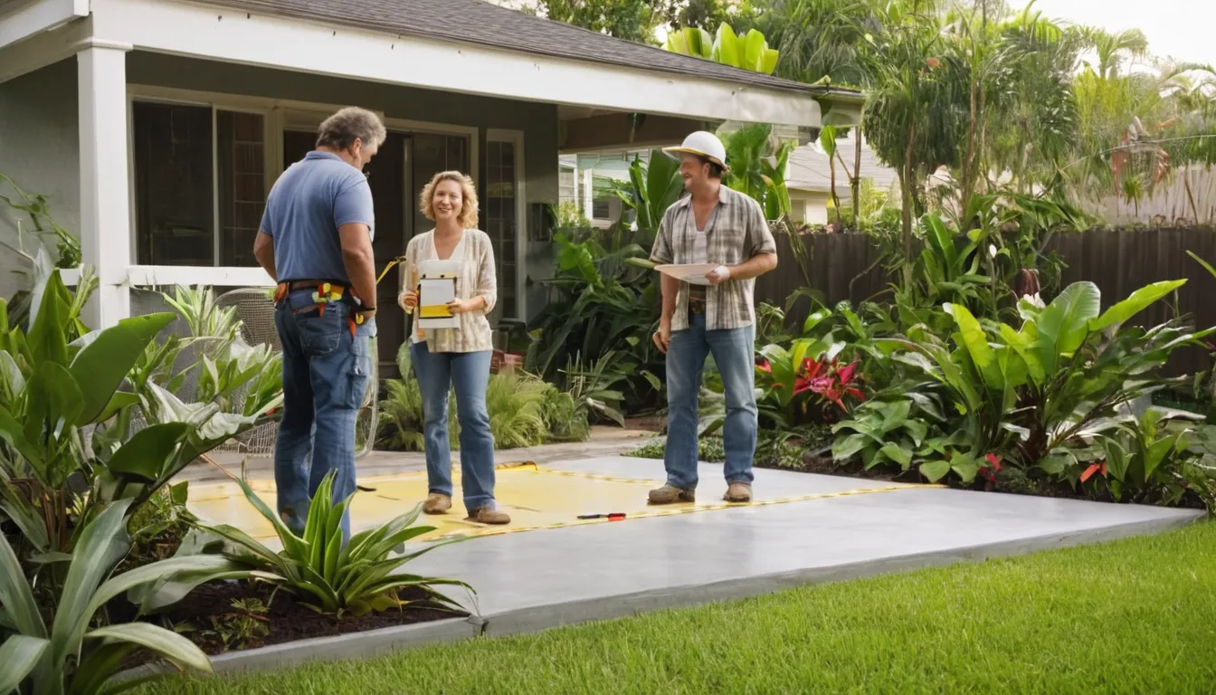 A homeowner reviewing a concrete patio plan with a local provider in the St. Petersburg area
