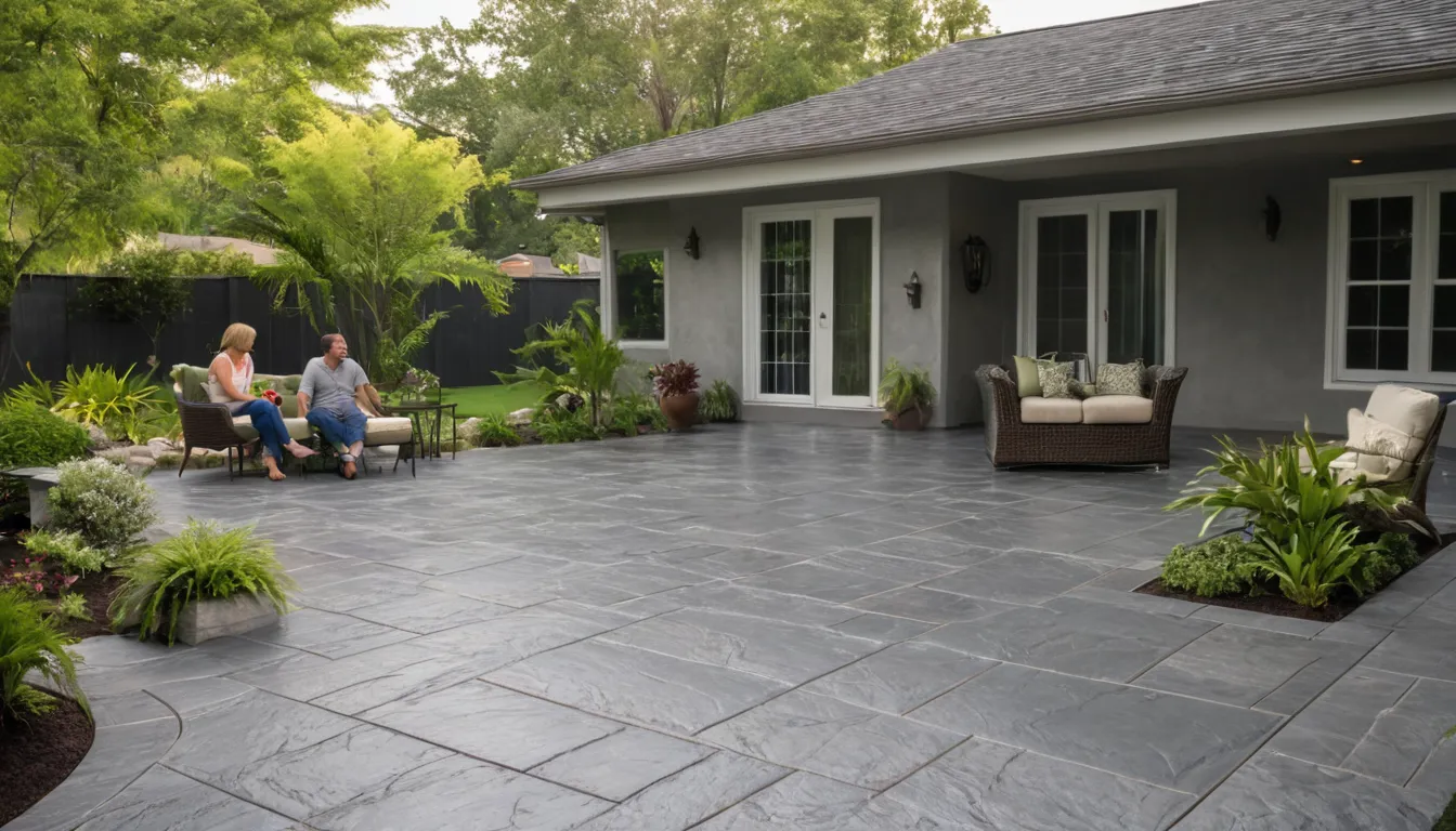 Stamped concrete patio with a stone pattern behind a home in St. Petersburg
